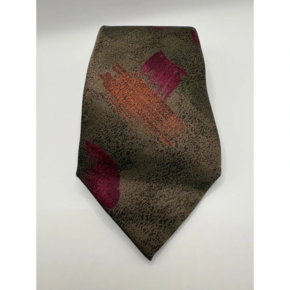 Bernard Hill Mens Silk Necktie Brown Burgundy Abstract Brushstroke Pattern